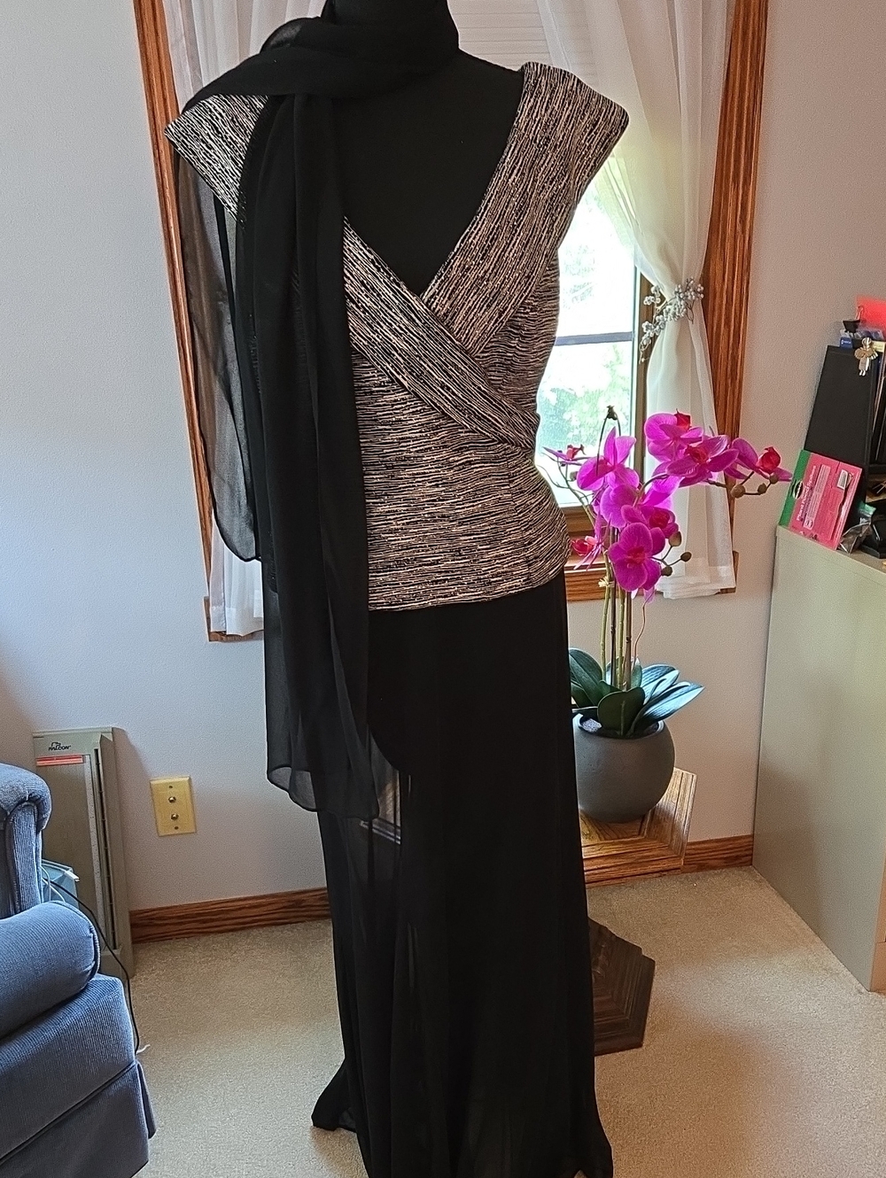 Alex Evenings Black Maxi Dress with Gray Marled Wrap Bodice